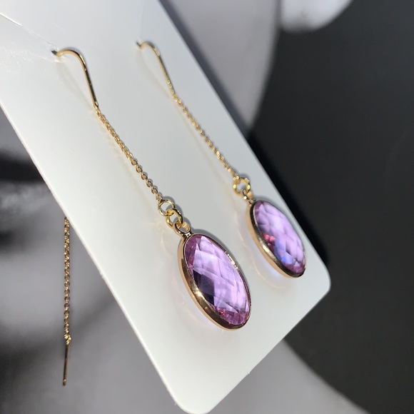 GradeA June Light Alexandrite 18mm Gold Plated Oval Crystal Pendant Drop Earring - Picture 5 of 17
